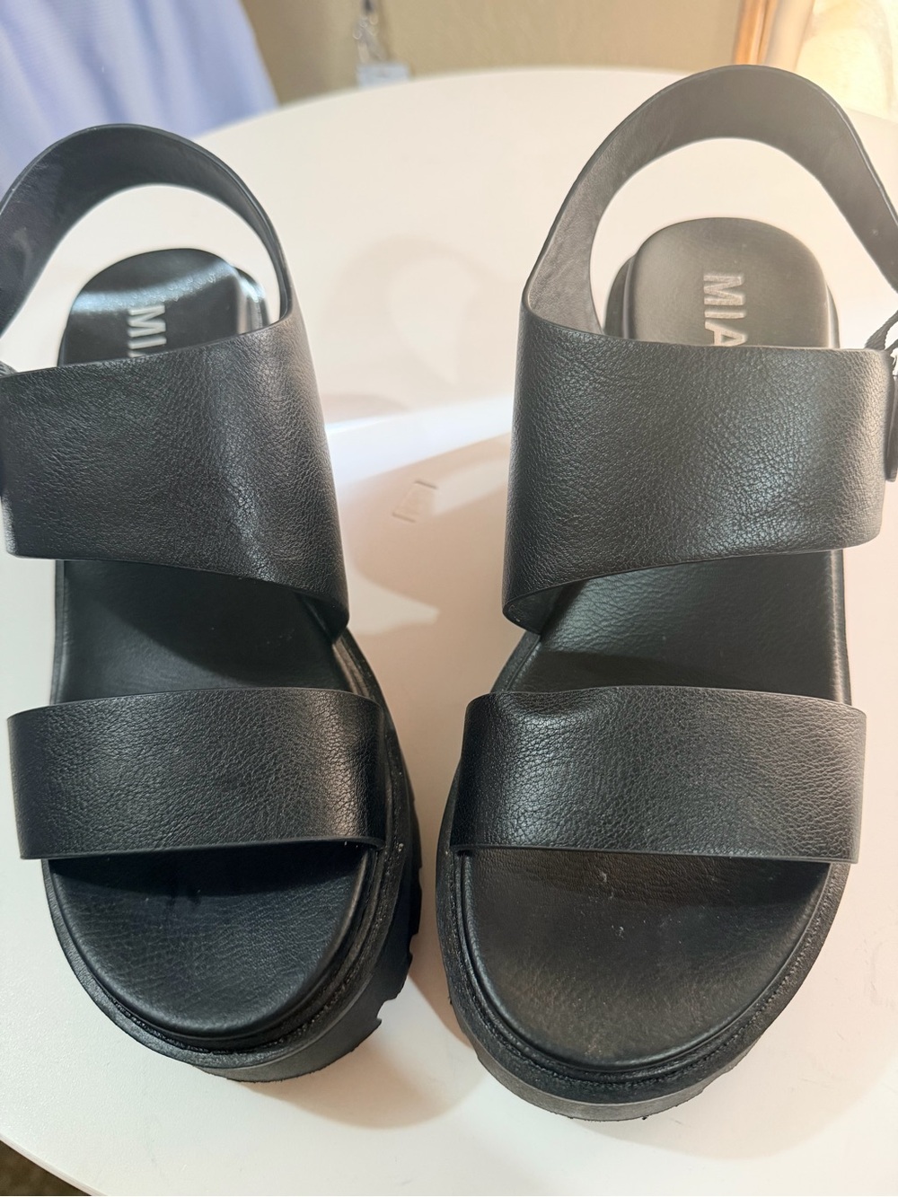 MIA Black Leather Double Strap Platform Sandals